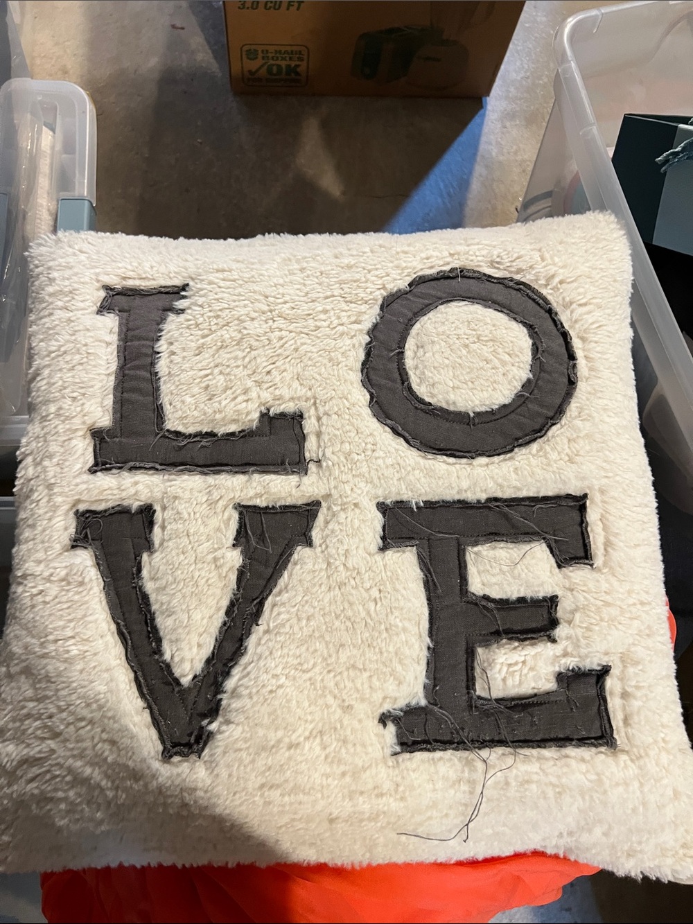 Pottery Barn Cream Faux Fur Accent Pillow with Charcoal LOVE Appliqué